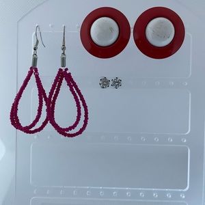 Hot pink beads double hoops dangling, rhinestone, round red button back post